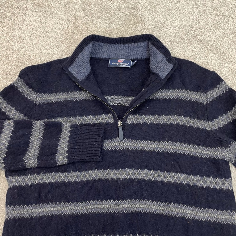 Vineyard Vines 1/4 Zip Sweater Mens Medium Merino Wool Blend Striped Navy Blue